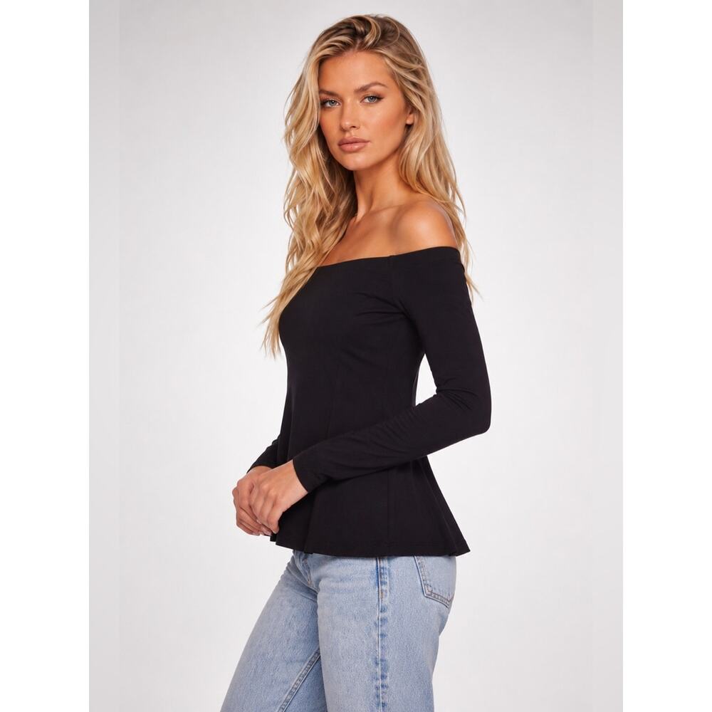 Susana Monaco Black Off Shoulder Peplum Top Long Sleeve NWT Size XS Made in USA - Picture 6 of 7